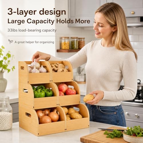 GLEAVI Bamboo Potato and Onion Storage Bin, 3 Tier Slide-Out Vegetable Basket...
