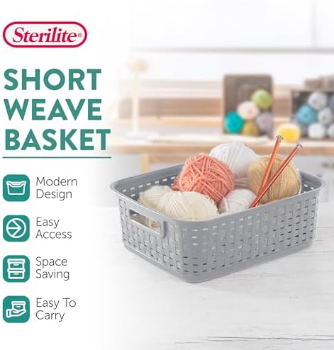 Sterilite Short Weave Basket, Rectangular Plastic Décor Bin, Gray, 6 Pack