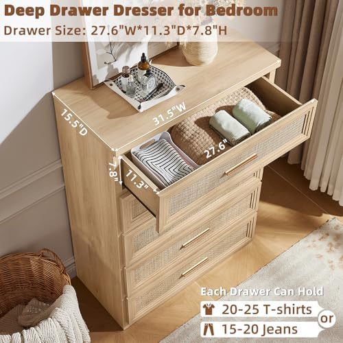 RWYHG Rattan Dresser for Bedroom 5 Drawer 45" Tall with Gold Handle
