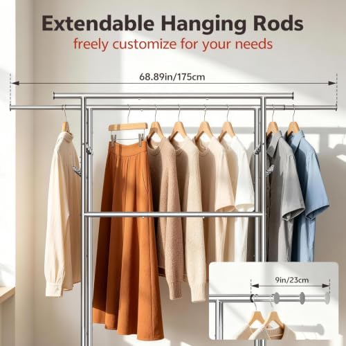 Heavy Duty Clothes Rack Load 550LBS, Rolling Clothing Rack Silver