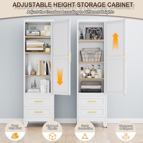 67" Tall Narrow Metal Storage Cabinet, Freestanding Pantry Organizer, White