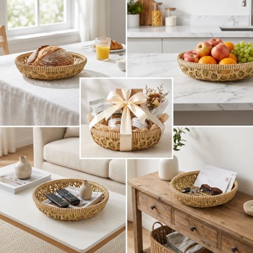 Handwoven Bamboo Basket Set of 3, Round Nesting Bread & Fruit Baskets, Na...
