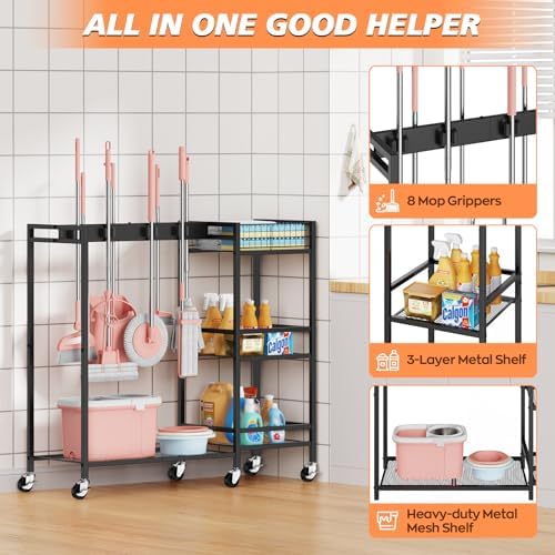 Broom and Mop Holder, MUNNAR Broom Closet Storage Cabinet with Cleaning Suppl...