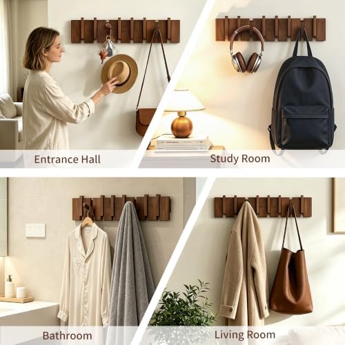 QUELLANCE Wood Coat Rack Wall Mount, Coat Hooks Hanger Wall Mounted, Heavy Du...