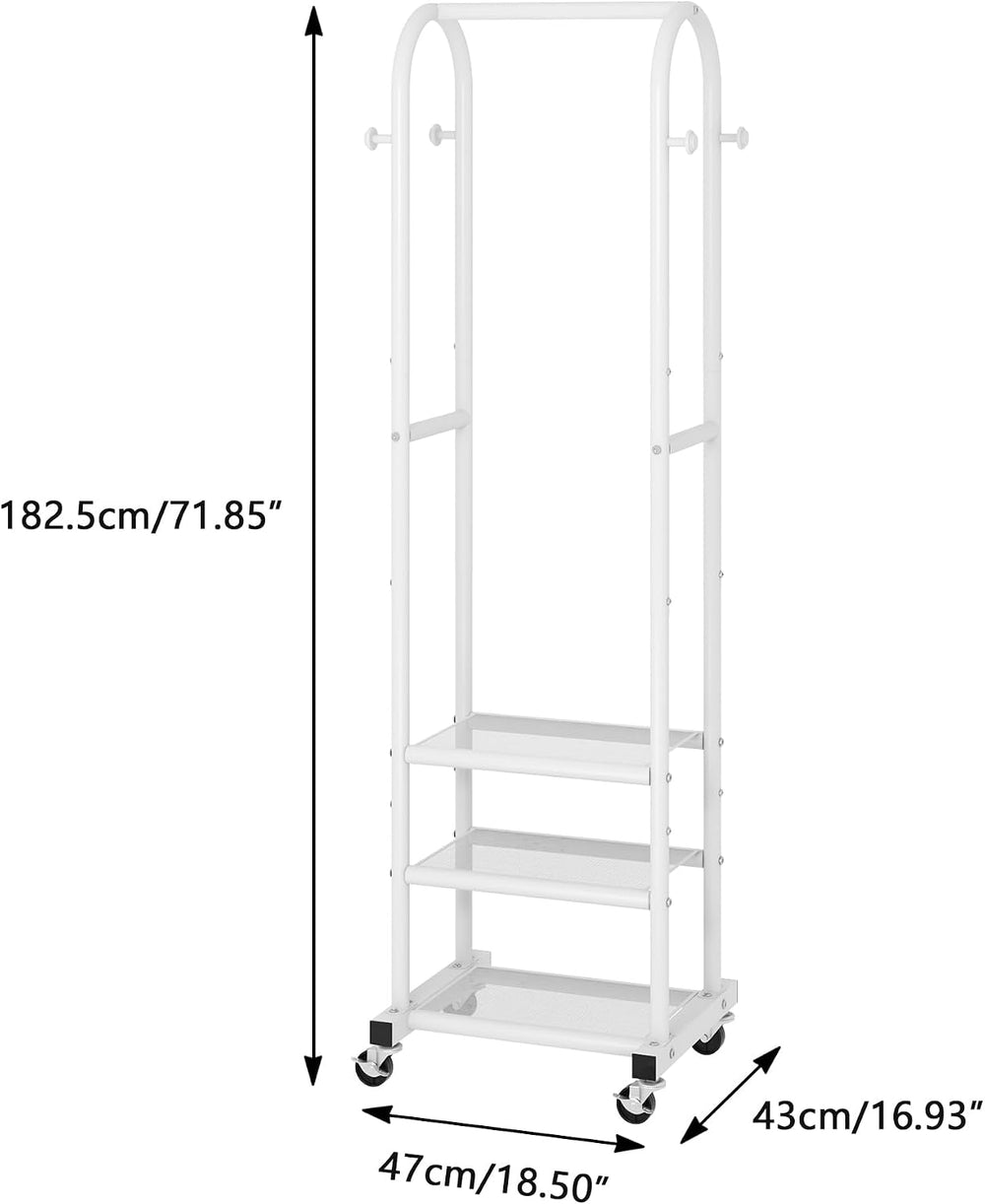 Kaitiemoo Clothing Rack, Mobile Garment Rack with Wheels & 3 Shelves, White