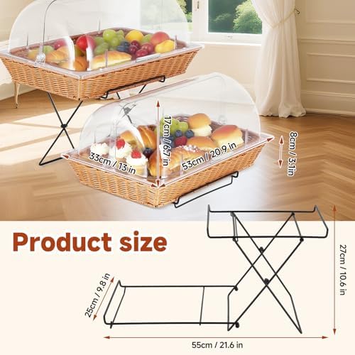 2 Pack Bread Basket Serving Display Tray 20.5x13 In with Clear Roll Top Cover...