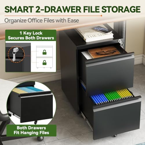 SAWJEC 2 Drawer Rolling File Cabinet Fully Assembled, Black