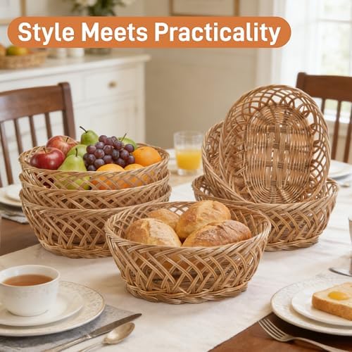 10 Pack Plastic Oval Basket, 10"x7.5"x4" Wicker Bread Basket B...