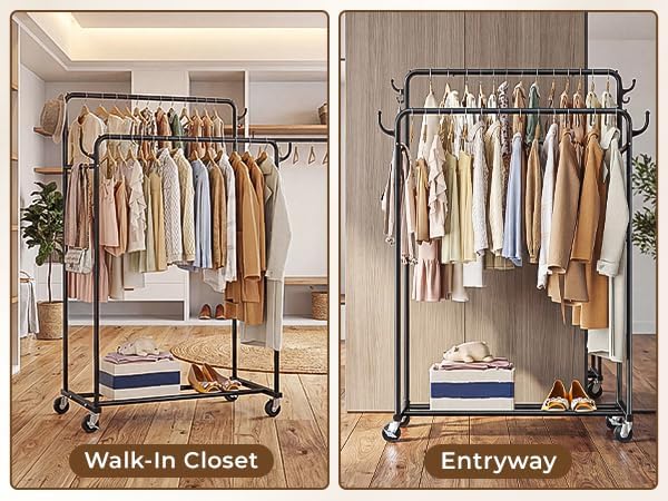 Clothes Rack, Rolling Clothing Rack with Double Rods for Hanging Clothes, Por...