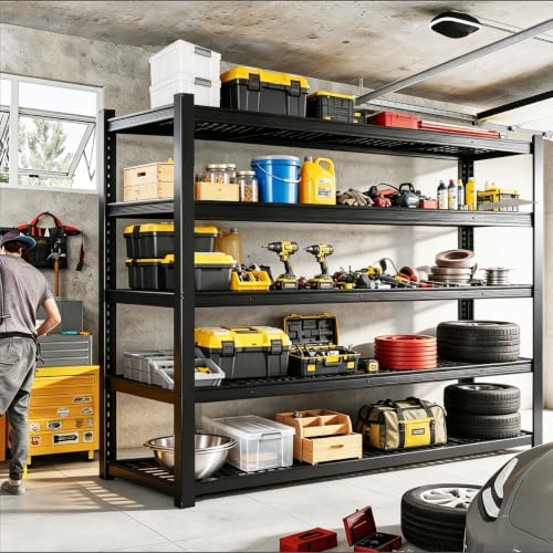84" H Heavy Duty Wire Garage Shelving, 5-Tier Adjustable Industrial Meta...