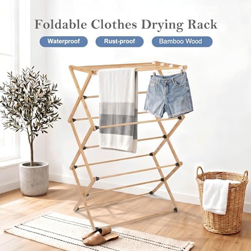 FJO Foldable Bamboo Clothes Drying Rack, 3-Tier Collapsible Laundry Clothes H...