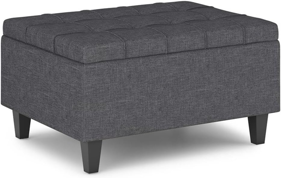 SIMPLIHOME Harrison 34" Wide Linen Look Rectangle Ottoman in Slate Grey