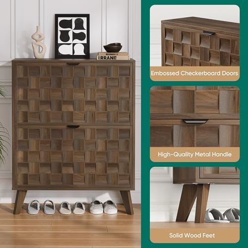 Smuxee Walnut Shoe Cabinet with 2 Flip Drawers, 29.6" Hidden Shoe Storag...