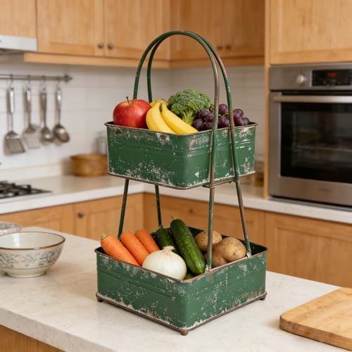 Vintage Metal Storage Basket 2-Tier 25.98" H Farmhouse Distressed Kitche...