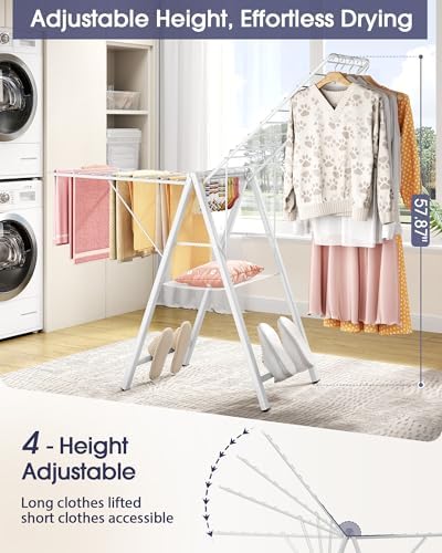 APEXCHASER Clothes Drying Rack, 67.3" L Height Adjustable, Foldable, White