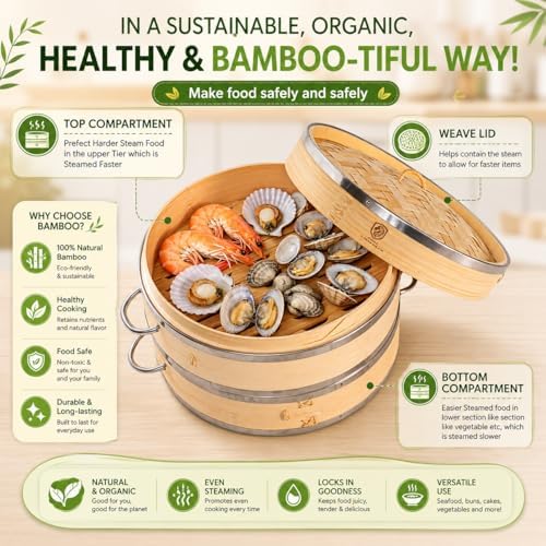 2-Tier Bamboo Seafood Steamer Basket 10 Inch for Cooking Dumplings, Vegetable...