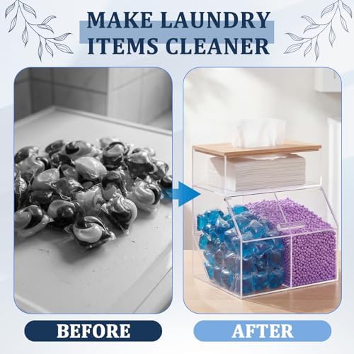 Juexica 3 in 1 Acrylic Laundry Containers for Organizing with Bamboo Lid