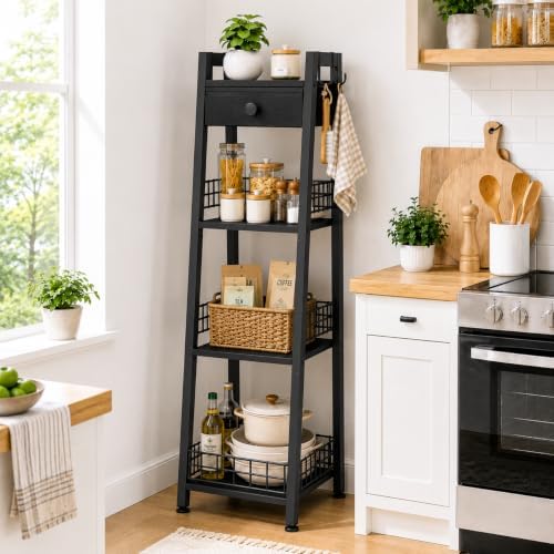 Gewudraw 4-Tier Narrow Bathroom Ladder Shelf with Storage Drawer, Black