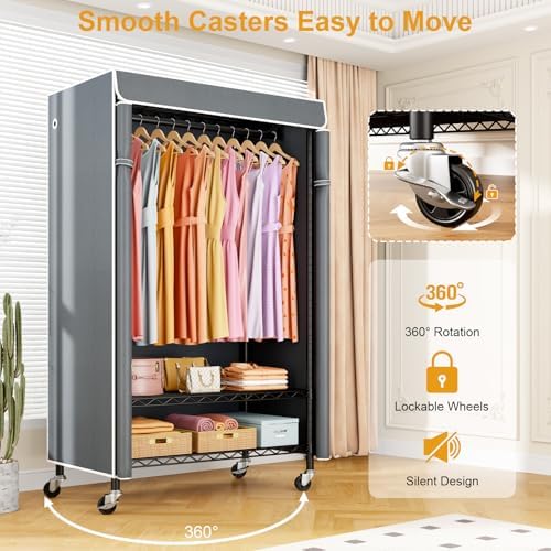 ULIFHOME P6C Rolling Clothes Rack with Cover, 3-Tier Covered Clothing Rack