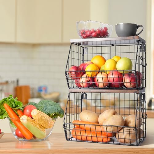 Mefirt 2pcs Fruit Basket Kitchen Storage Basket with Wood Lid