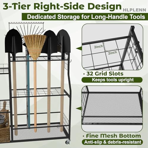 Garden Tool Organizer with Wheels, Metal Rack for Long Handled Tools