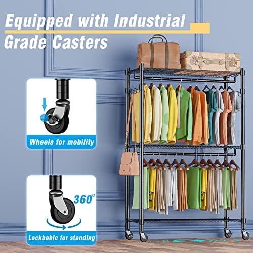 Homdox Rolling Garment Rack with Double Rod, Heavy Duty Clothing Rack with Sh...