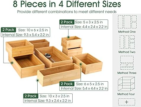 Kootek 8Pcs Bamboo Drawer Organizer 4-Size Kitchen Storage Box for Flatware