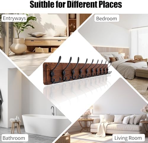 Gohiuo Rustic 38.6" Large Coat Rack Wall Mount, Long Wood Coat Hooks wit...