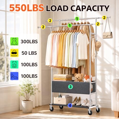 Heavy Duty Rolling Clothing Rack, Double Rod Clothing Storage Organizer