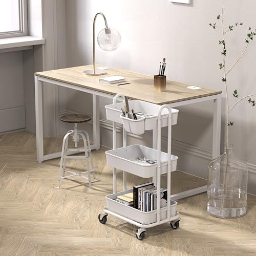 Simple Houseware 3-Tier Rolling Utility Cart with Hanging Bucket, White