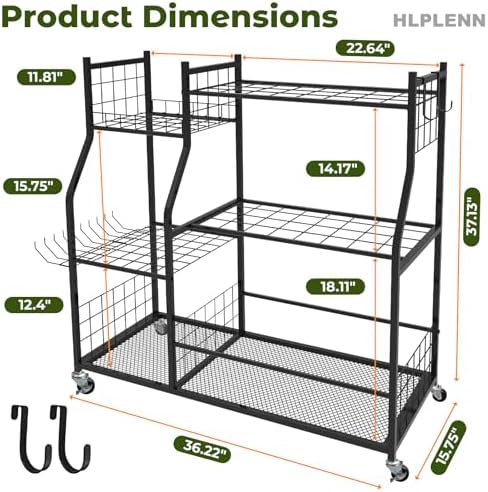 Garden Tool Organizer with Wheels, Metal Rack for Long Handled Tools