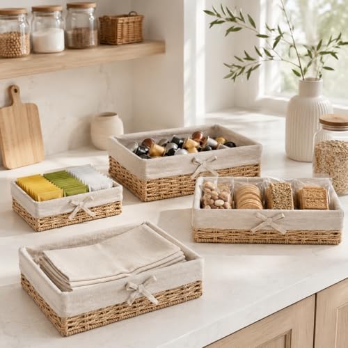 Baskets for Shelves Set of 4, Woven Paper Rope Storage, Khaki