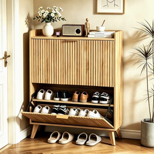 Fluted Shoe Cabinet Storage with 2 Flip Drawers, Wood Narrow Hidden Shoe Orga...