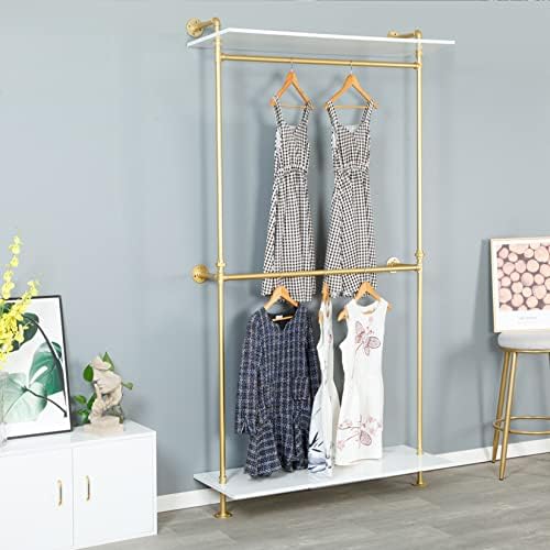 Modern Simple 2 Tier Metal and Wood Garment Rack,Industrial Pipe Double Hangi...