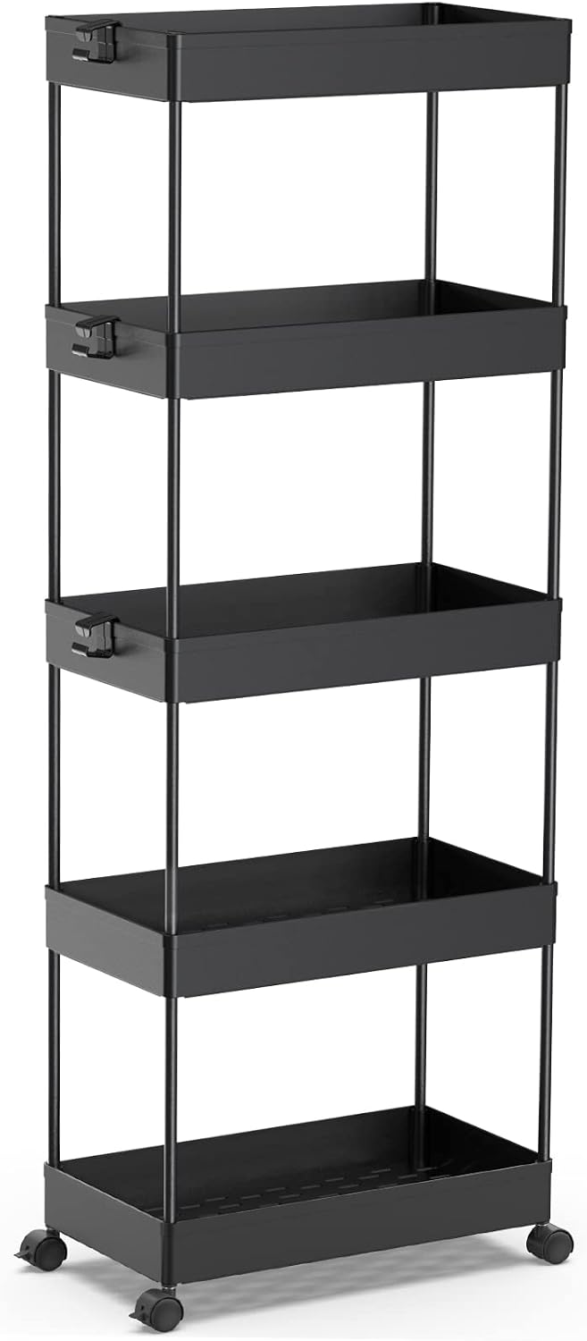 SPACEKEEPER 5 Tier Storage Rolling Cart, Bathroom Cart with Wheels, Black