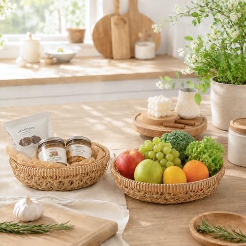 Handwoven Bamboo Basket Set of 3, Round Nesting Bread & Fruit Baskets, Na...