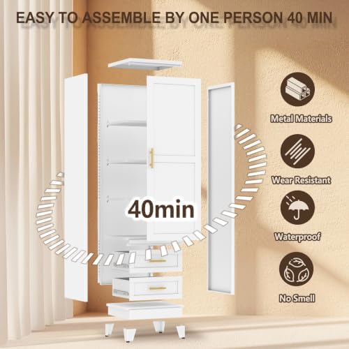 67" Tall Narrow Metal Storage Cabinet, Freestanding Pantry Organizer, White