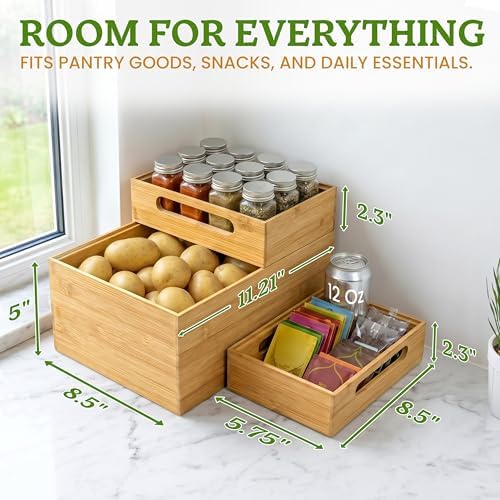 HOMESTEAD 3-Piece Stackable Bamboo Storage Box, Large Storage Bin, Wooden Box...
