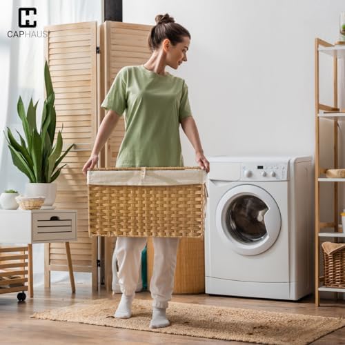 CAPHAUS Handwoven Synthetic Rattan Storage Basket w/Lid, Foldable Clothes Bas...