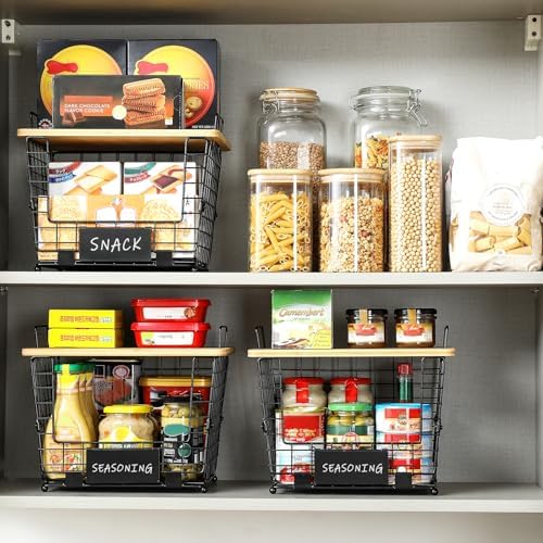 2 Set Large Stackable Wire Basket with Bamboo Tops & Tag- Pantry Organize...