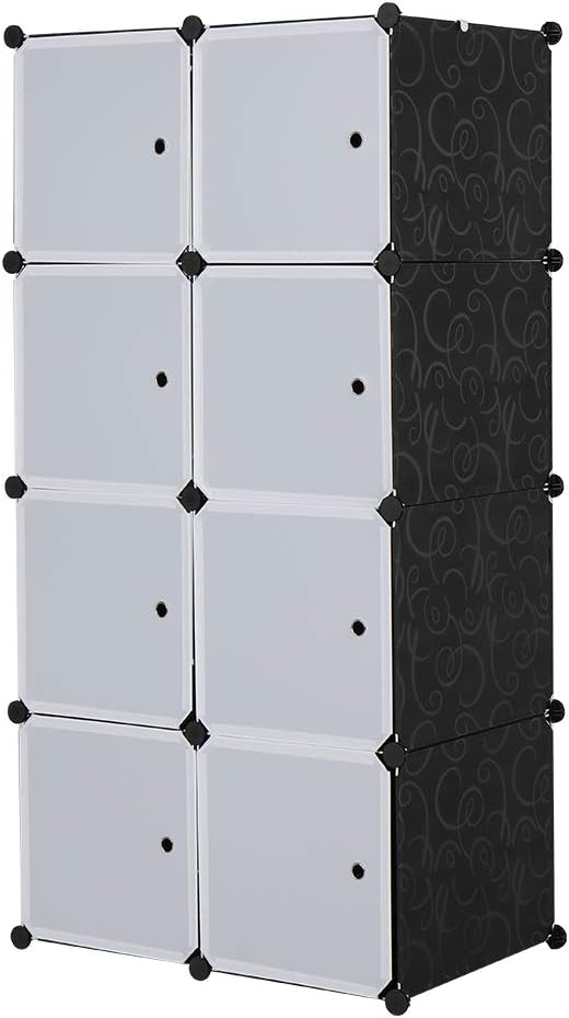 8 Cube Organizer Stackable Plastic Cube Storage Shelves Design Multifunctional Modular Closet Cabinet with Hanging Rod White Doors and Black Panels