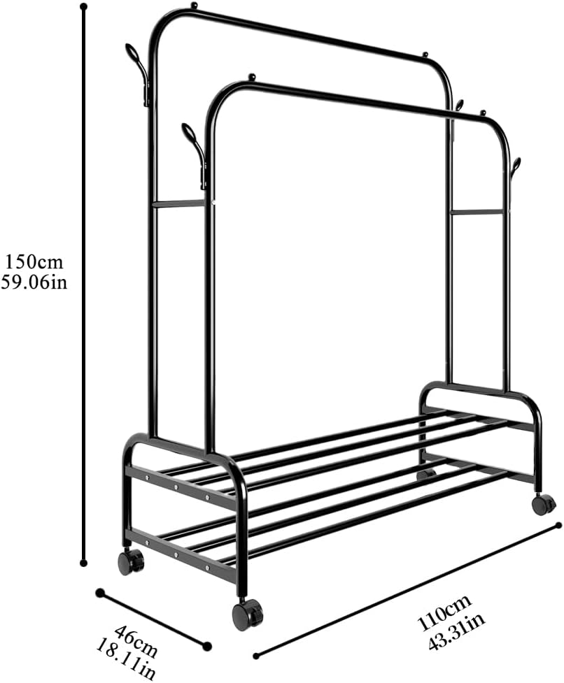 Antiwar Sturdy Metal Double Rodding Clothes Rack With Wheels, Portable Clothi...