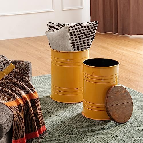 Glitzhome Rustic End Table Set of 2, Farmhouse Galvanized Metal Barrel Ottoma...