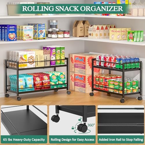 2-Tier Expandable Rolling Pantry Cart with Wheels, Adjustable Floor Organizer...