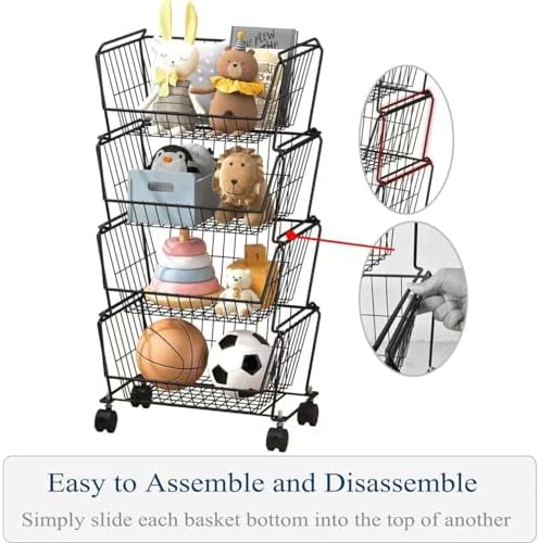 PUSDON 4-Tier Spacious Stackable Wire Storage Baskets with Wheels, Metal Roll...