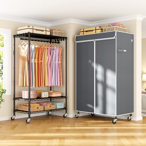ULIFHOME P6C Rolling Clothes Rack with Cover, 3-Tier Covered Clothing Rack