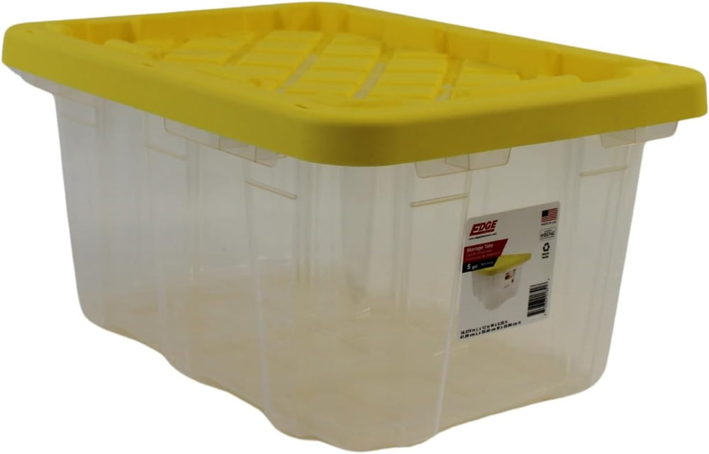 Edge Plastics 5 Gallon Tough Tote, Clear Base with Yellow Lid, 5-Pack