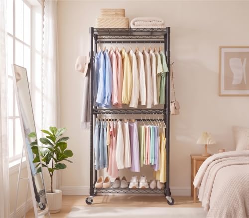 Heavy Duty Rolling Clothes Rack with Wheels, Double Rods Adjustable Shelves