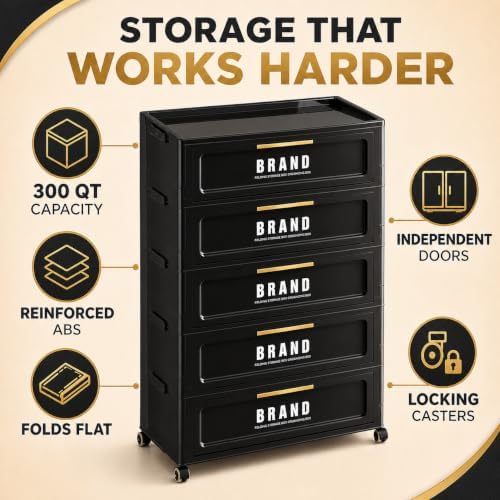 300QT Foldable Storage Cabinet with Doors and Locking Wheels, 5-Tier Heavy-Du...