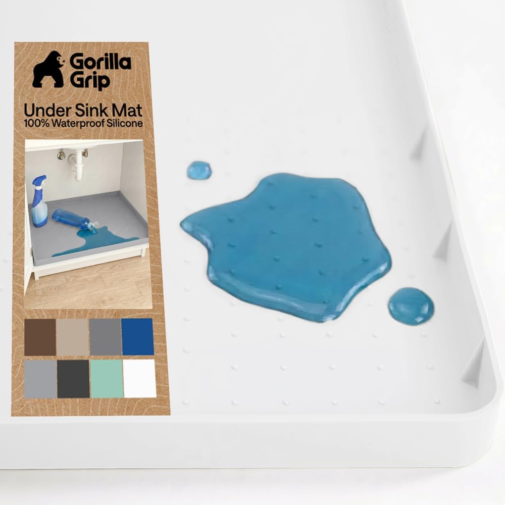 GORILLA GRIP Waterproof Silicone Under Sink Mat, Stay in Place, 46x22 White